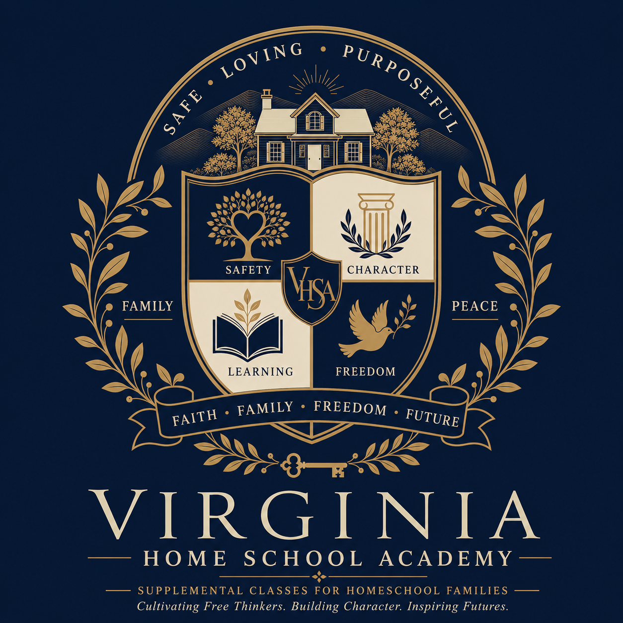 Logo of Virginia Home School Academy with a shield design and text on a dark blue background.
